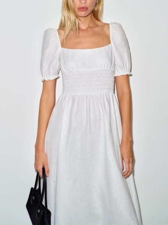 Reformation Dresses & Skirts - NEW Reformation Adler Linen Midi Smocked Puff Sleeve Dress White | US 2 UK 6